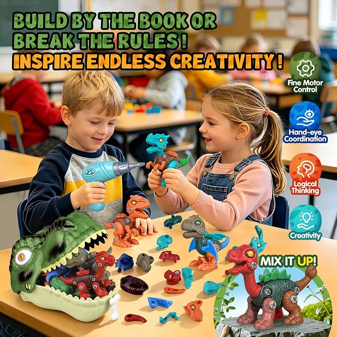 Drefirsa Dinosaur Toys for Kids Age 3-5 5-7, 8Pcs Take Apart Dinosaur Set | Trex Storage Case, Electric Drill Toy, STEM Building Toy, Christmas Birthday Gift for 3 4 5 6 Year Old Boy, Party Favor