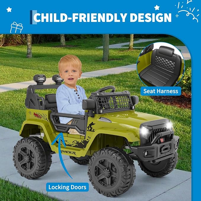 Ride on Truck Car 12V Kids Electric Vehicles with Remote Control Spring Suspension, LED Lights, Bluetooth, 2 Speeds
