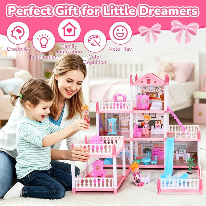 Pink Dollhouse Playset with Lights for Girls 6-12,Dream House with Garden, 3 Dolls 9 Rooms,Pet Dog and Furnitures,Indoor Playset Toys,Great Birthday Gift for Girls.