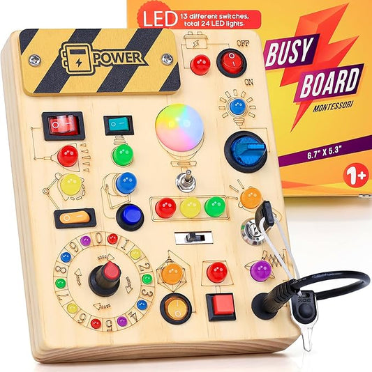 RichBoy Busy Board Montessori Sensory Toy, 37-in-1 Switch Board with 24 LED Lights, Birthday Gift for 1 2 3 Year Old Boys Girls, Safety for Toddlers Home Travel Essentials (6.7" X 5.3")