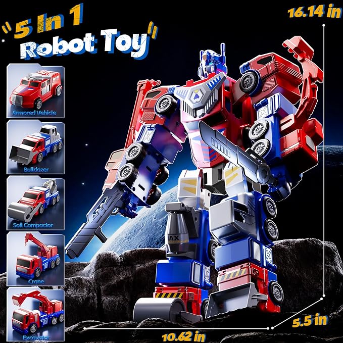 5-in-1 Robot Toys Cars for Kids 3-5, Magnetism Transforming Robots, Detachable Construction DIY Assembling Vehicle Sets, Educational Toys for Boys Girls 3 4 5 6 7 8, Birthday Gifts