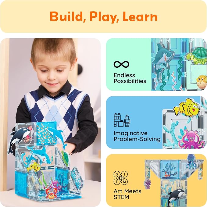 PicassoTiles Magnetic Tiles Magnet Tile Building Blocks Marine Animal World Themed Set with 8 Ocean Character Action Figures STEM Learning Toy Construction Toddlers Boys Girls Ages 3+ PTQ25