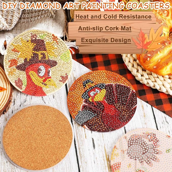 UPINS 8Pcs Fall Diamond Art Coasters with Holder Thanksgiving Diamond Turkey Art Coasters Kits for Adults Kids Beginners Diamond Craft Supplies