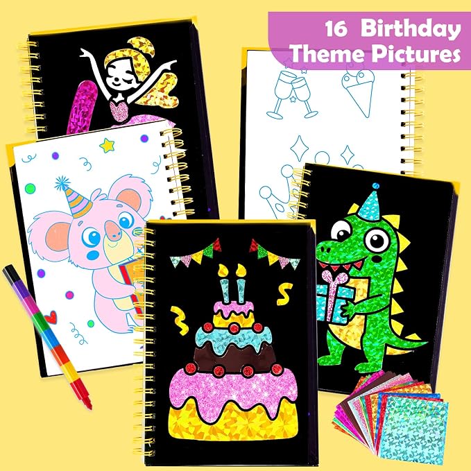 FUNNYB&G Foil Art Craft Kit for Kids 4-10 Years Old: Mess-Free & No-Glue, Create 16 Sparkly Happy Birthday Pictures – Perfect Travel Toy & Birthday Gift for Kids（Happy Birthday）