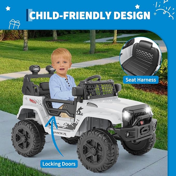 Hetoy 12V Ride on Toys with Parent Remote Control Toddler Electric Vehicle with Spring Suspension, LED Lights, Bluetooth, Music Player, 3 Speeds Ride on Car Truck for Kids Age 3-8 (White)