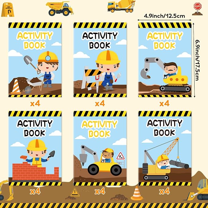 Dvbonike 24Pcs Construction Activity Books - Construction Vehicles Mini Fun Games Coloring Book Bulk with Excavator Forklift Truck Party Favors Goodie Bag Stuffers Classroom Rewards Supplies