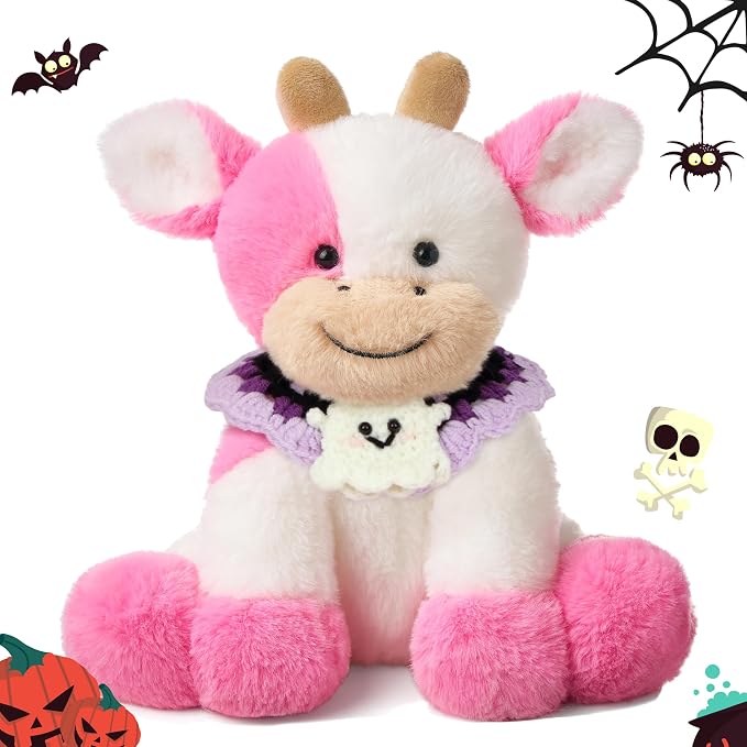 Hopearl Adorable Halloween Plush Cow Toy with Knitted Cute Ghost Bib Floppy Kawaii Dairy Cattle Soft Stuffed Animal Gifts for Boys Girls Kids Toddlers, Pink, 9''