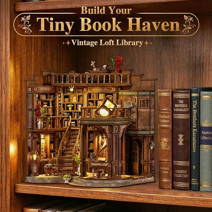 DIY Miniature House Kit for Adults, Tiny Dollhouse Book Nook Kit Bookshelf Crafts Decor, 3D Wooden Puzzle, Gifts for Family Friends Adults Teens, Dream Book Loft