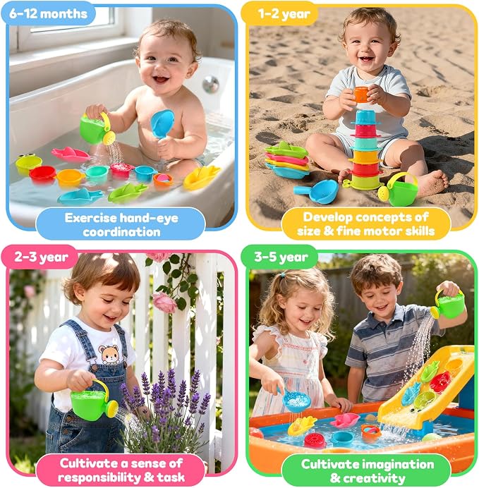 Zeewoo Baby Bath Toys for Kids Ages 1-3 Toddler Bath Toys Mold Free Bathtub Toys for 12+ Months Pool Water Table Beach Sand Toys Stacking Cups Floating Boats for 1+ Years Old Girls Boys Gifts 13 PCS