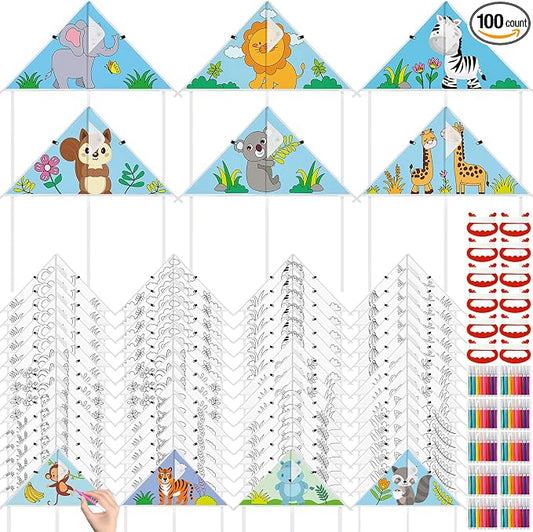 Syhood 60 Pcs DIY Coloring Kites Kit for Kids Pre-Printed Cartoon Animal Kites Summer Decorating Making Kit with Watercolor Pens and Strings Handles for Outdoor Game and Activities