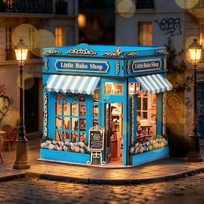 DIY Miniature Dollhouse Kit - 3D Wooden Puzzle for Adults, Illuminated Bakery Model Craft Kit with LED Light, Creative Diorama Room Decor & Hobby Gift,Little Bake Shop