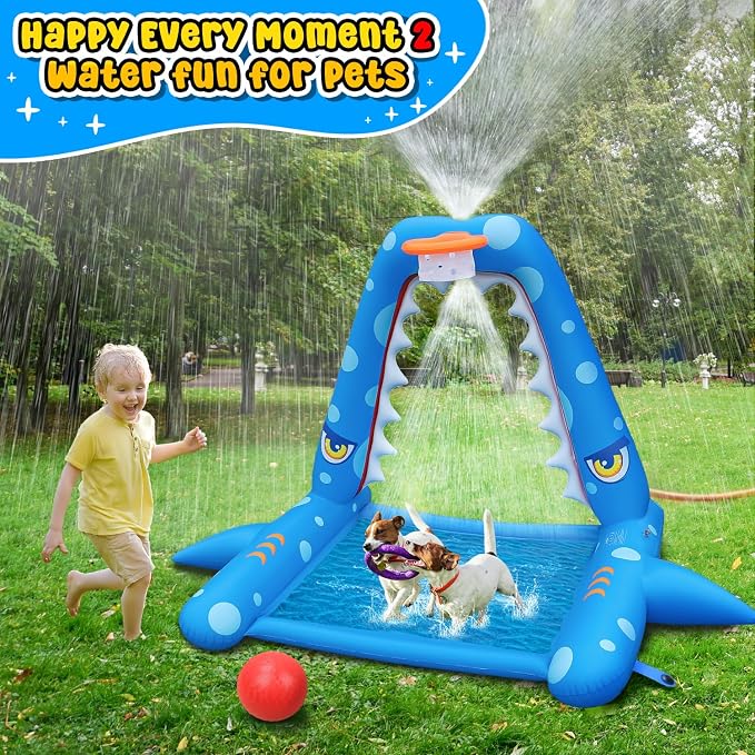 JOSEN Sprinkler for Kids Outdoor Play, Giant Inflatable Shark Water Toys Splash Pad with Basketball Hoop, Fun Sprinkler Summer Outdoor Game for 3-8 Years Old Children Boys Girls Birthday Gift