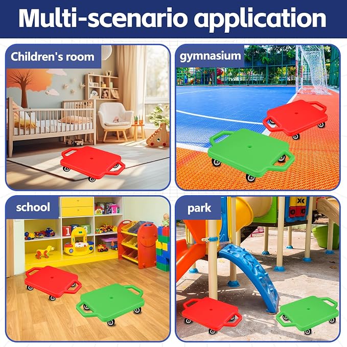 2 Pcs Sports Scooter Board with Handles Colored Floor Sitting Scooter Board with Plastic Casters for Kids Gym Indoor Outdoor Activities Play Equipment
