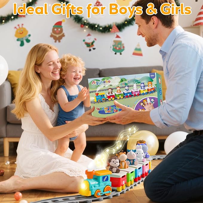 Zoo Animal Train Toys for Toddlers 2-4, Kids Electric Train Set with Music, Steam & Lights, Montessori Learning Toys with Finger Puppets, Christmas Birthday Gifts for Boys Girls Age 18 Months+