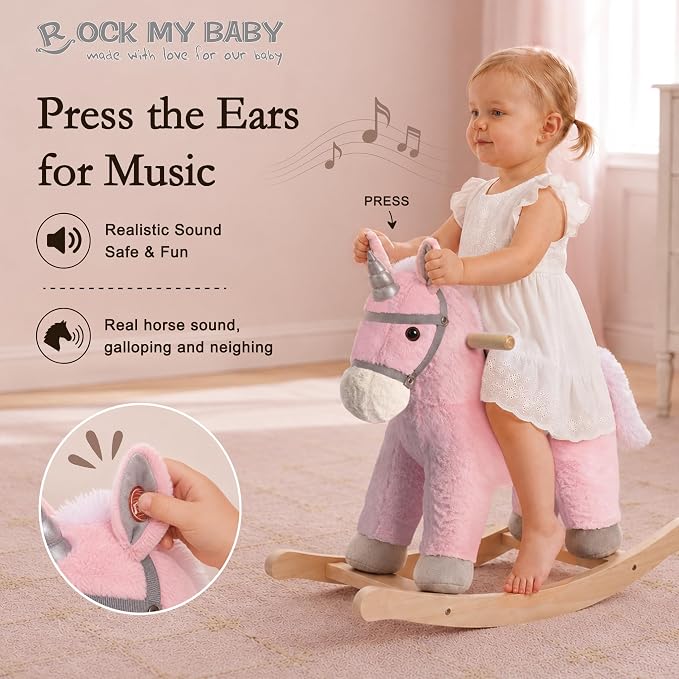 Rock My Baby Rocking Horse, Pink Unicorn/Pony Animal Rocker with Realistic Sound Plush Stuffed Rocking Horses for Toddlers 18M+, CPC Certified