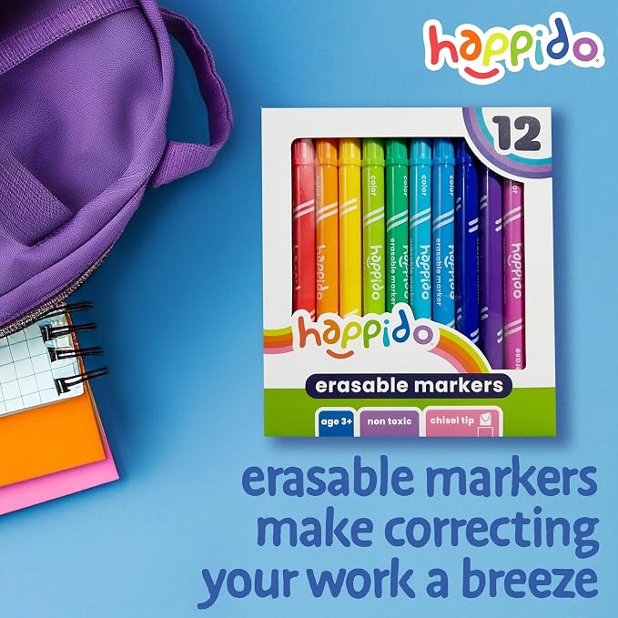 International Arrivals Double Sided Erasable Marker Sets for Kids Happido, Set of 12 Chisel Tip Non Toxic Markers, Great School Supplies, Art and Stationery Set