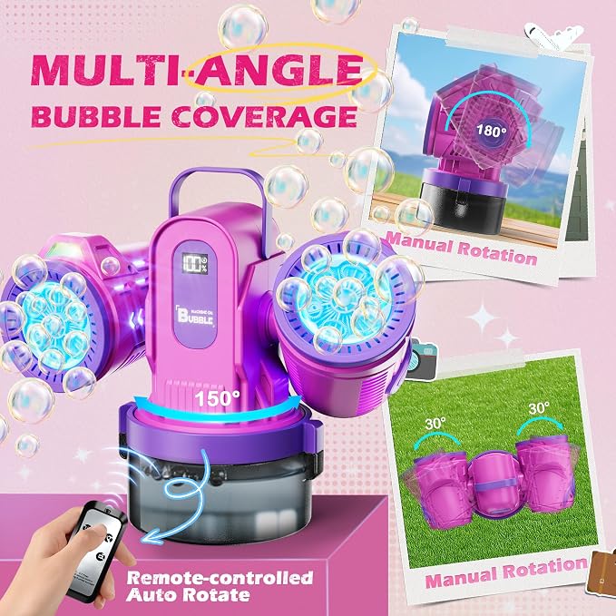 Dual-Engine Bubble Machine with Auto Rotation & RGB Lights & Remote Control,1800mA Type-C Rechargeable,700mL Tank,Bubble Maker for Kids, Party, Wedding, Backyard Outdoor Toy