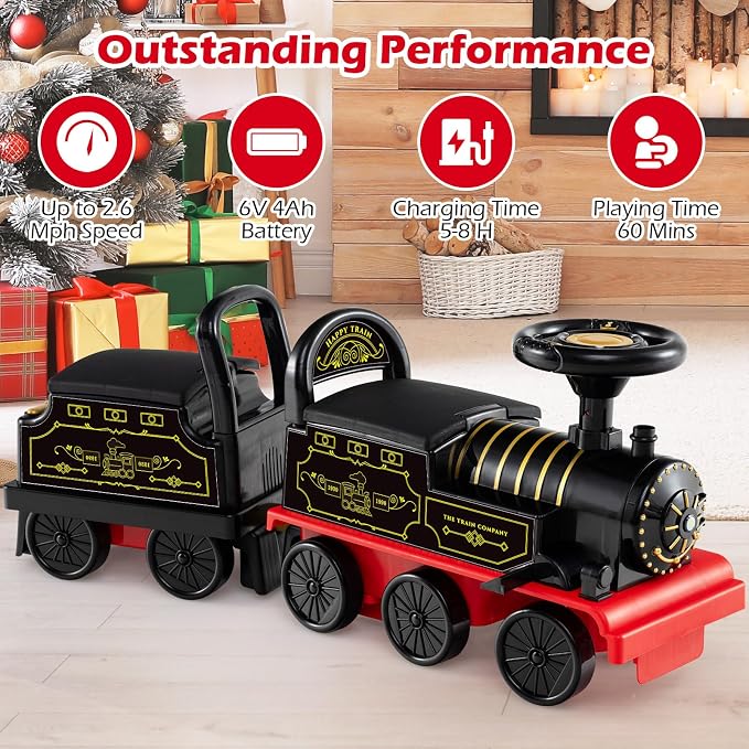OLAKIDS 6V 2-Seater Ride on Train with Carriage, Storage, Train Whistle, Music, Lights for 18 Months+ (2 Seaters, Retro)