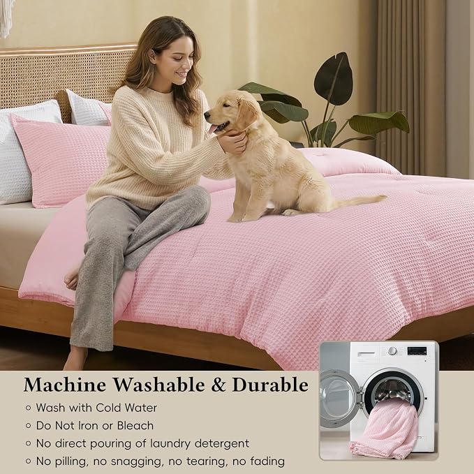 David's Home Waffle Weave Comforter Set 2PCS Twin Size, Soft Breathable Lightweight Cozy Skin-Friendly Warm for All Season, Elegant Aesthetic Home Decor Bedding Set with Pillow Shams, Pink