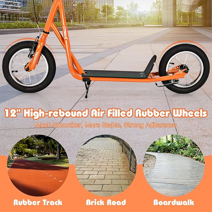 GYMAX Scooter, Kids & Adults Off-Road Scooter with 12" Inflatable Wheels, Adjustable Height Handlebar, V-Type Handbrakes & Axle Pegs for All Terrain, 8+