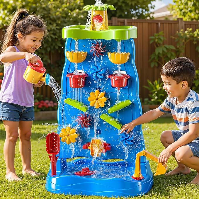 JUKUDAHU Water Table Waterfall Toy for Kids Ages 4-8, Water and Sand Activity Sensory Table, Double-Sided Beach Outdoor Toy, Birthday Gifts Toys for Toddlers Age 18M+ 2 3 4 5 Boys Girls