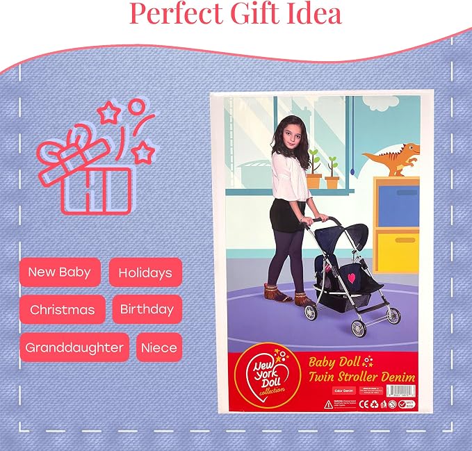 The New York Doll Collection First Twin Stroller - Cutest Heart Design Baby Strollers Great Toy Gift for Toddlers and Girls (Denim) Blue,pink