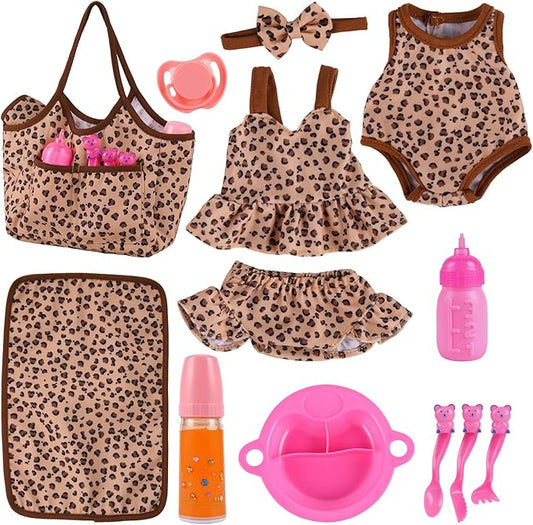 BABESIDE 13 PCS Baby Doll Clothes and Accessories for 10-12 inch Dolls, Baby Doll Feeding and Care Set with Carry Bag, Bottles, Tableware, Baby Doll Outfit for Doll Girl Boy (Leopard Pattern)