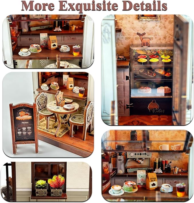 3D Wooden Coffee Shop Book Nook Kit - DIY Miniature Model with LED Lights, 143 Precision-Cut Pieces for Adults & Teens (1:24 Scale, Stress Relief Craft Gift)