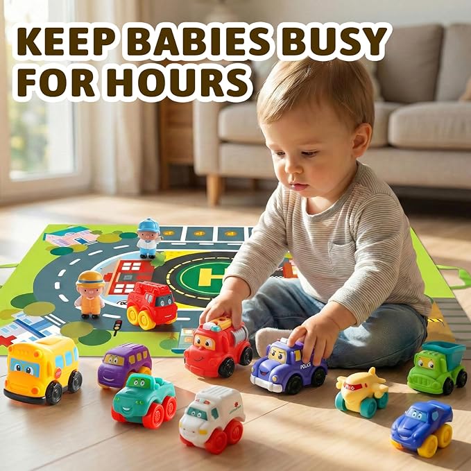 ALASOU 12 PCS Soft Rubber Car Toys for 1 Year Old Boy with Playmat/Storage Bag|Baby Toys 1 Year Old Boy Gifts for Toddler Toys 1-2|1st Birthday Gift for Infant 12 18 Months