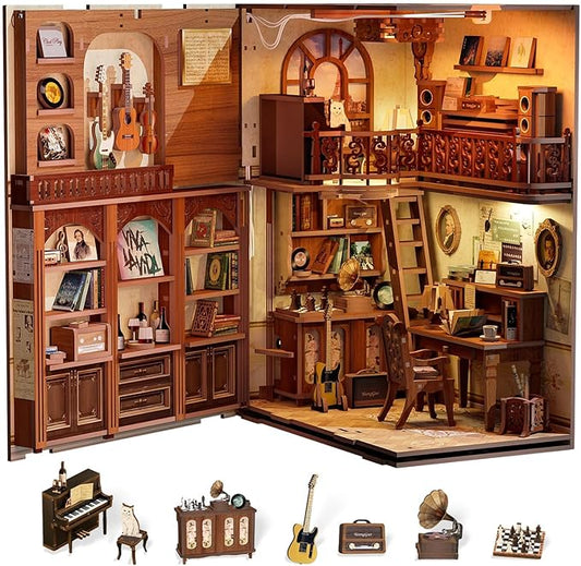 Cutefun Book Nook Kit,3D Wooden Puzzle Bookends,Miniature house kit with dust cover,Bookends Kit with LED Lights,DIY Dollhouse Bookend Tiny House for Adults,Birthday Easter Home Decor for Teens Adults