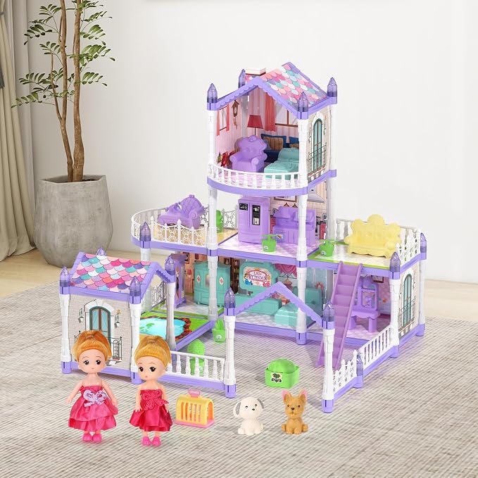 Lilac Purple Doll House for Girls, Dream Dollhouse 9 Rooms with 2 Dolls, Animals, Lights, Furniture and Accessories, Pretend-Play Toddler Playhouse Gift 3+ Year Old Girls Toys