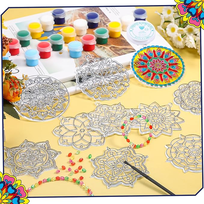 Pasimy 36 Sets Mandala Suncatchers Crafts Kit Flower Window DIY Hanging Ornaments Decorations Spring Summer Paint Your Own Activities Arts Project Party Favors Gifts for Mother Classroom Home