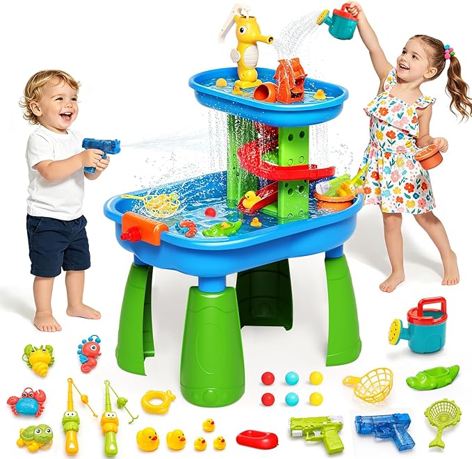 Toddler Water Table - Sensory Table for Kids with 28 Piece Sand Water Toy Set, Outdoor Water Play Table with Rain Shower Sprinkler, Summer Birthday Gift STEM Toy for Boys Girls Ages 3 4 5 6 7 8