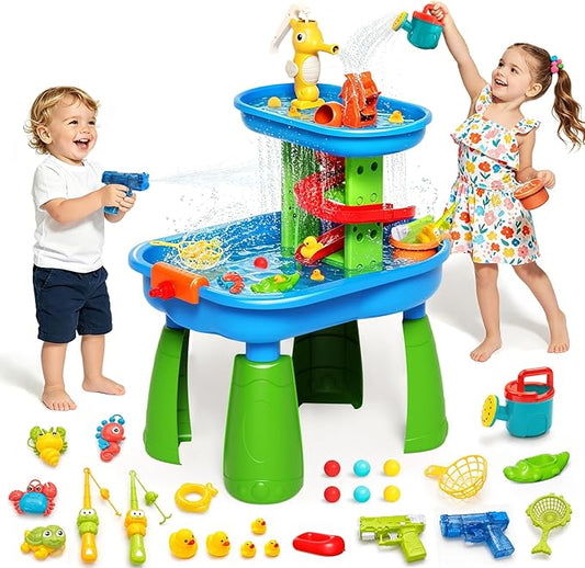 Toddler Water Table - Sensory Table for Kids with 28 Piece Sand Water Toy Set, Outdoor Water Play Table with Rain Shower Sprinkler, Summer Birthday Gift STEM Toy for Boys Girls Ages 3 4 5 6 7 8
