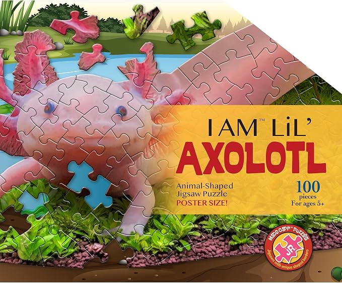 Madd CAPP: I Am Lil' Axolotl - 100 Piece Puzzle - Kids Animal-Shaped Jigsaw, 36" X 18" Finished Size, Poster Reference, Educational Fun Facts Booklet