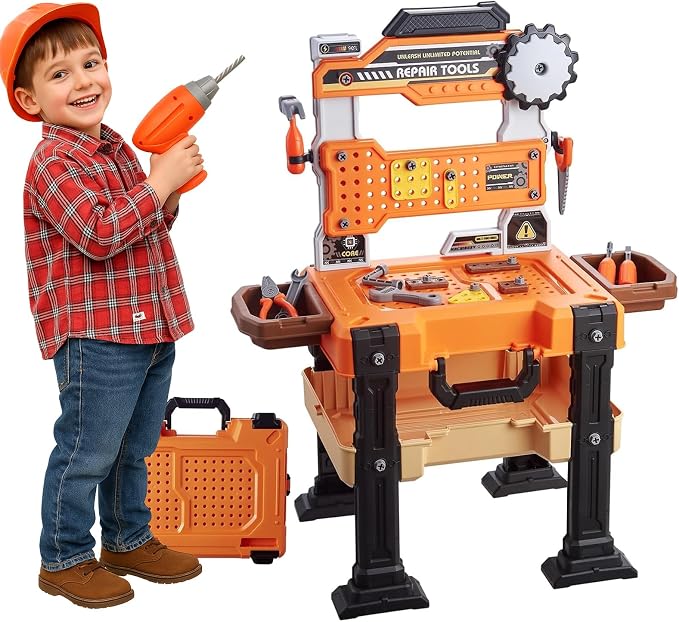 Kids Tool Workbench for Boys 3-5, Toddler Tool Set with Hammer, Electric Drill Toy, Take Apart Toys, Creative Construction Play Set, Repair Tools Workbench, Birthday Gift for Toddlers, with Toolbox