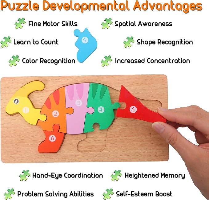 MONTESSORI MAMA Toddler Puzzles for Kids Ages 3-5 Dinosaur Puzzle 5-Pack, Montessori Toys for 3 Year Olds, Toddler Toys Age 3-4 Gifts for 3 Year Old Boys Girls, Wooden Puzzles for Toddlers