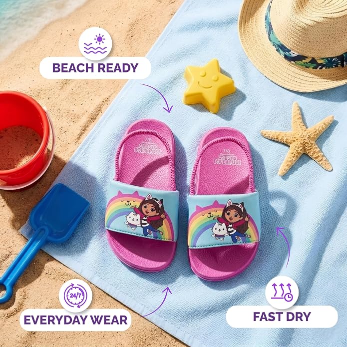 Josmo Gabbys Dollhouse Hello Kitty Slides Open Toe Sandals with Backstrap - Kid Girls Summer Beach Water Pool Shoes (sizes: 5-10 Toddlers / 11-12 Little Kids)