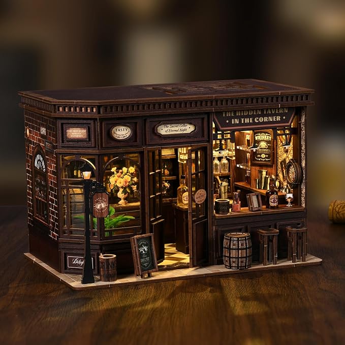 Corner Tavern Book Nook Kit, 3D Wooden Puzzle DIY Miniature House with Warm LED Light, Aesthetic Bookshelf Insert Decor for Adults & Teens