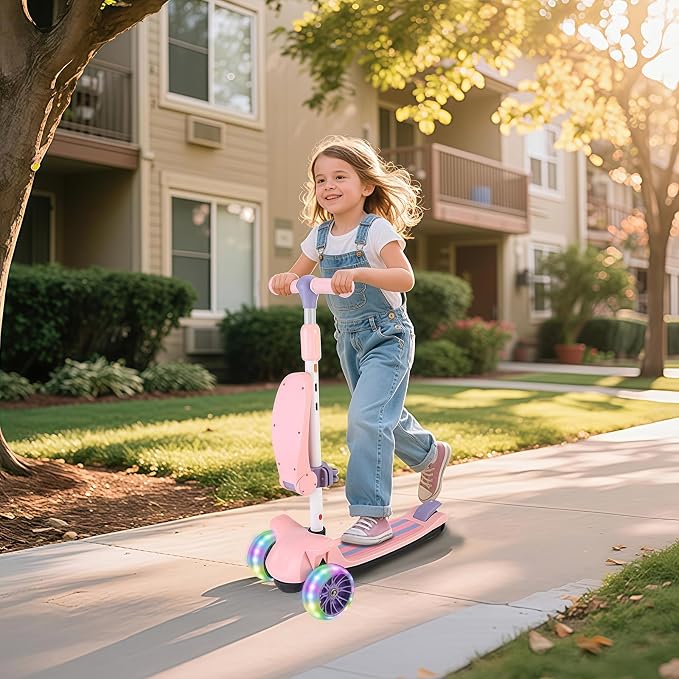 2 in 1 Kick Scooter with Removable Seat, 3 LED Wheels Kick Scooter for Kids, 4 Adjustable Height & Foldable Design Toddler Scooters Sit or Stand Ride for Boys & Girls 2-10 Years Old