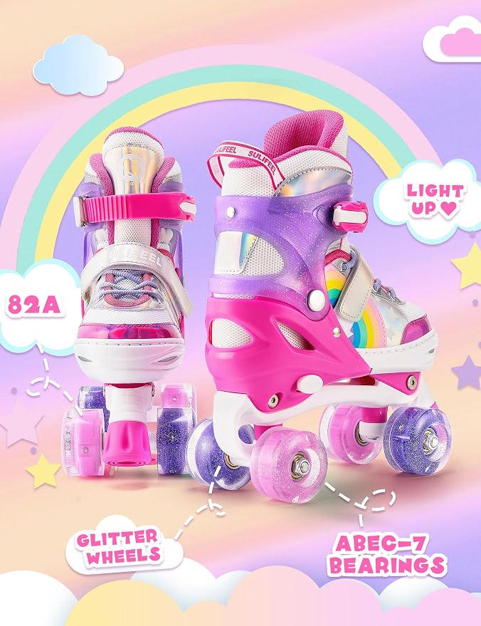 SULIFEEL Rainbow Unicorn 4 Size Adjustable Roller Skates for Girls Boys for Kids Ages 3-5 5-8 6-12 Children Skates Indoor Outdoor