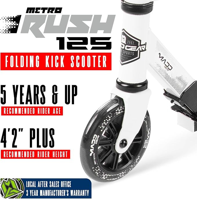 Kick Scooter for Ages 5+ - Kids, Teens & Adults. Max Load 220lbs. Foldable, Light-Up Wheels, Adjustable Height, Lightweight - Rush 125 Madd Gear