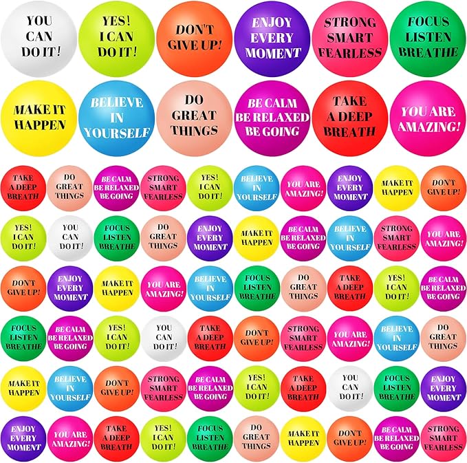 60 Pieces Motivational Stress Balls 2.5 Inch Inspirational Stress Relief Ball Bulk Hand Exercise Balls Encouraging Colorful Foam Balls Anxiety Small Balls with Quotes for Kids Adults Teens, 12 Styles