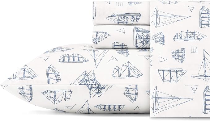 Nautica – Full Size Sheet Set, Crisp Cotton Percale Bedding with Matching Pillowcases, Lightweight & Breathable Bed Sheets, Deep Pocket, College Dorm Room Essentials (Whitewood Sail Blue)