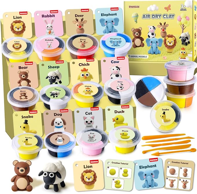 Air Dry Clay Kit for Kids, Animal Modeling Clay, DIY Model Magic with Sculpting Tools and Tutorial Cards