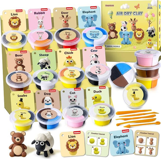 Air Dry Clay Kit for Kids, Animal Modeling Clay, DIY Model Magic with Sculpting Tools and Tutorial Cards