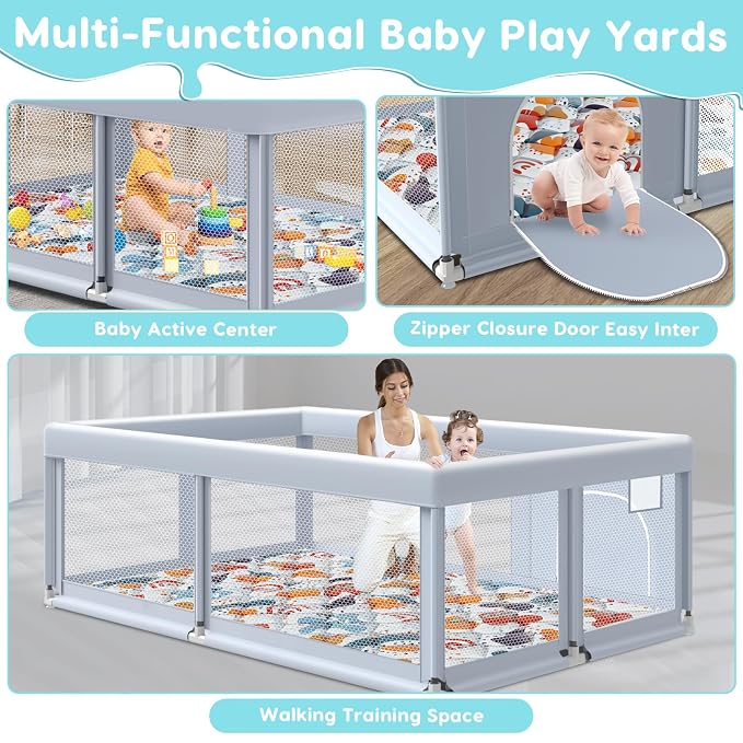Fshibila 65" ×50" Large Baby Playpen with Mat, Baby Playard for Babies and Toddlers, Play Pens for Indoor & Outdoor, Sturdy Safety Play Yard with Soft Breathable Mesh, Anti-Fall, Grey