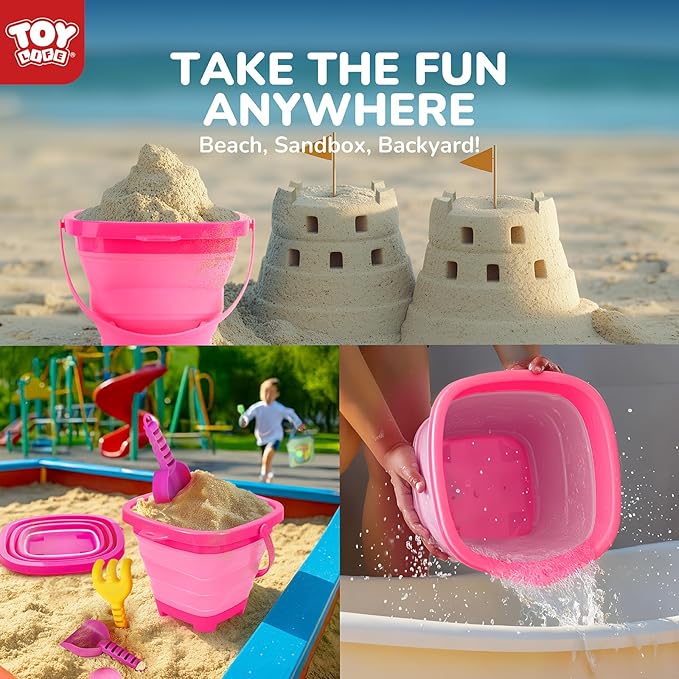 TOY Life 23 Pcs Unicorn Beach Toys for Kids Ages 4-8 Collapsible Sand Toys with Silicone Bucket Shovels & Sand Castle Building Kit Molds, Sandbox Toy for Travel, Beach Party, Fishing, Summer Toys