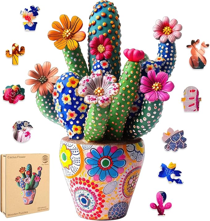 Mys Aurora Puzzles for Adults Cactus Flower Wooden Puzzles, 200 Pieces Unique Shaped Jigsaw Puzzles, FSC Certified Beautiful Birthday Gifts for Kids Friends, Fun Family Game 10''x 14''