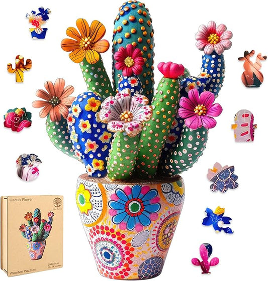 Mys Aurora Puzzles for Adults Cactus Flower Wooden Puzzles, 200 Pieces Unique Shaped Jigsaw Puzzles, FSC Certified Beautiful Birthday Gifts for Kids Friends, Fun Family Game 10''x 14''